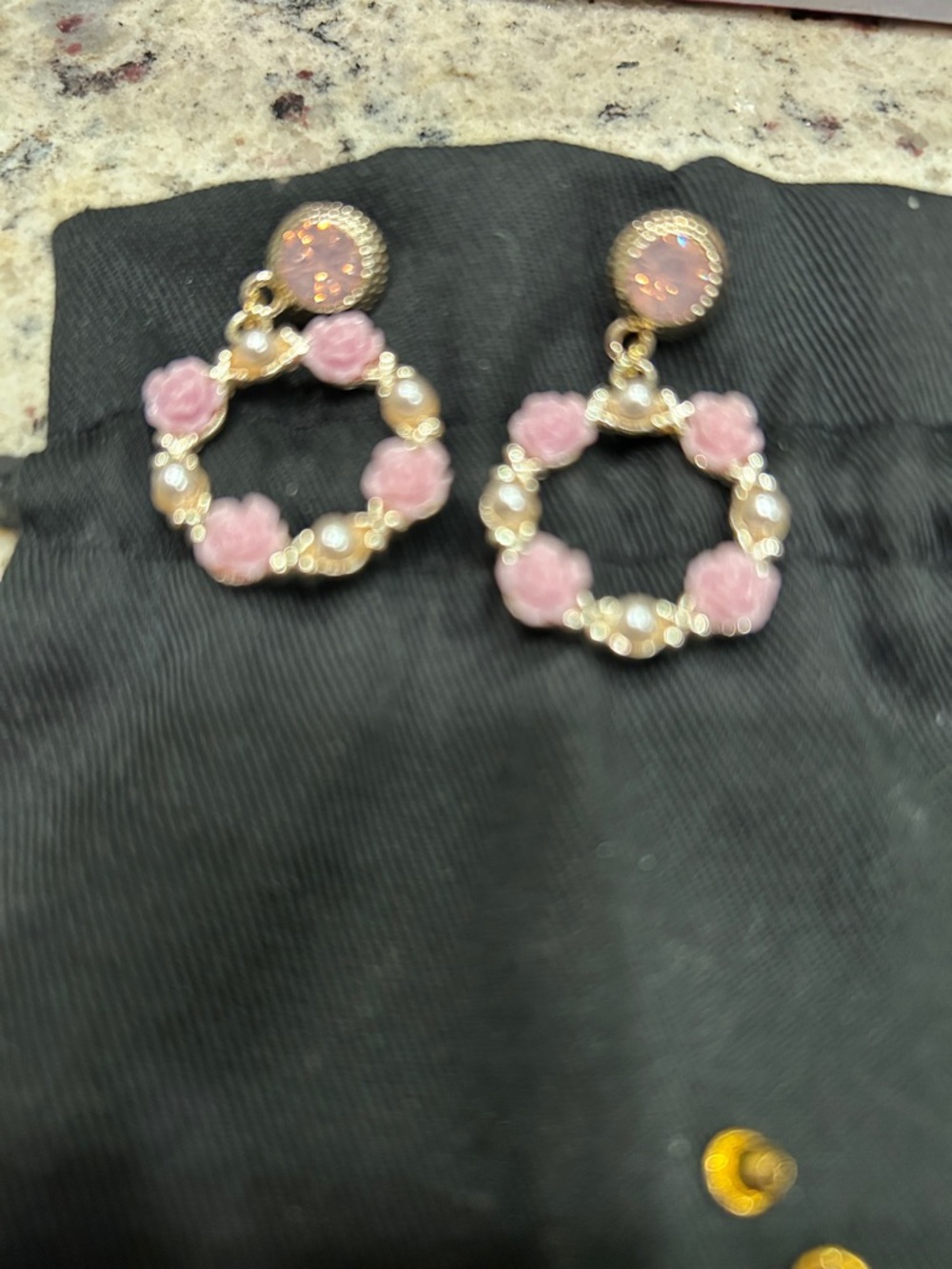Gold-Tone Pink Floral Hoop Earrings with Pink Cabochon Tops